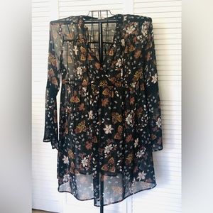 Knox Rose Womens Dress Beach  Coverup XL Floral Boho Chiffon Sheer